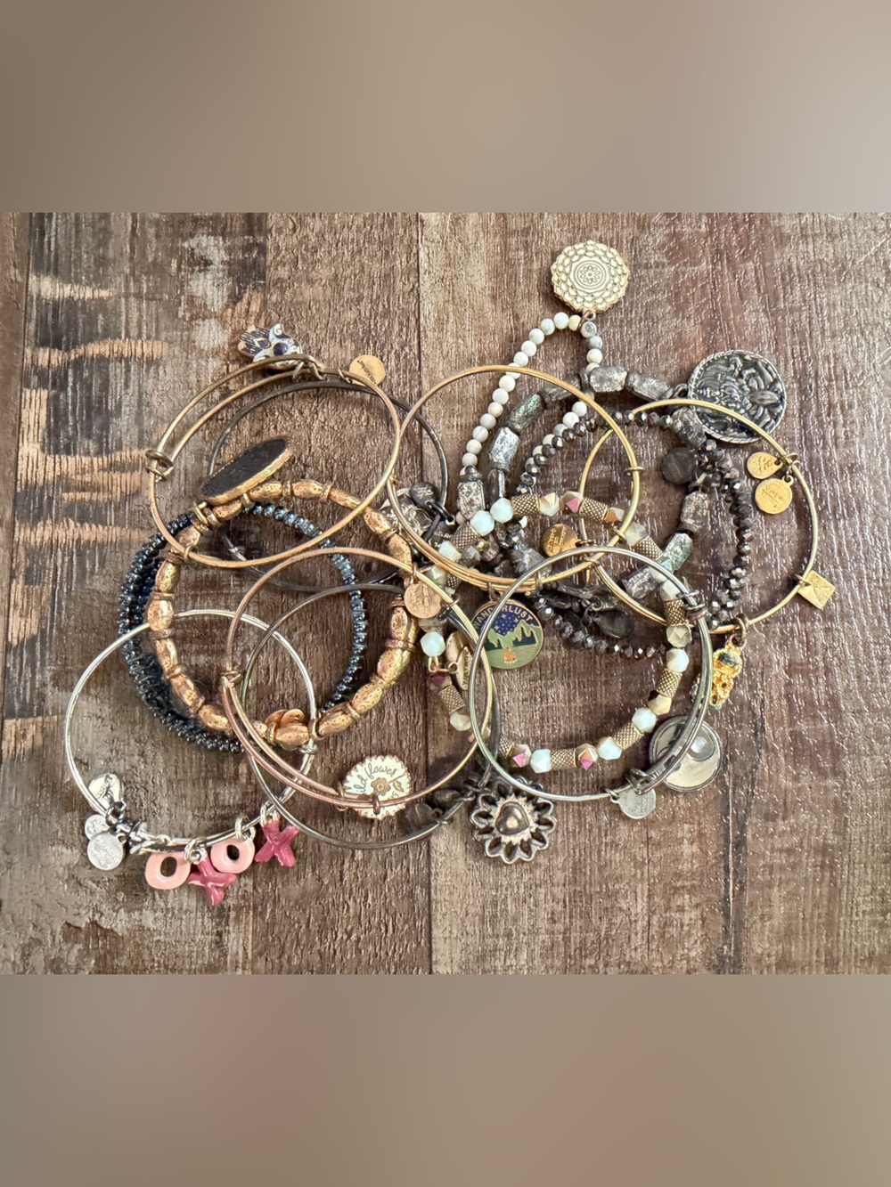 Alex and Ani Mixed Gold, Silver and Pink Charm Bangle Bracelet Set
